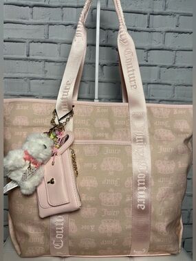 NWT Juicy Couture Pale Pink Logo Tote with Plush Charm & Zipper Closure